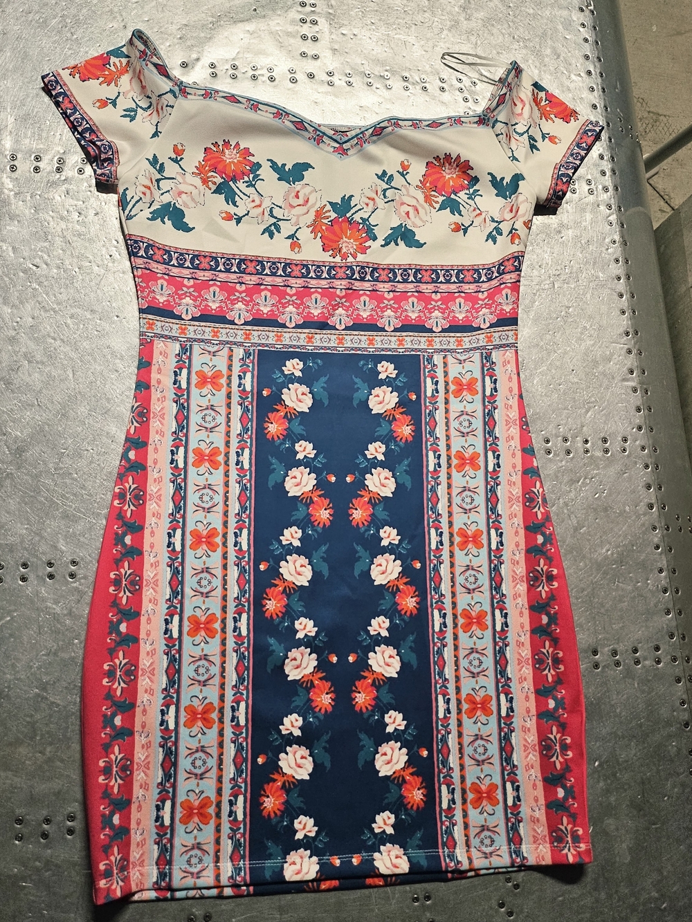 Floral Border-Print Off-Shoulder Mini Dress in Navy & Coral